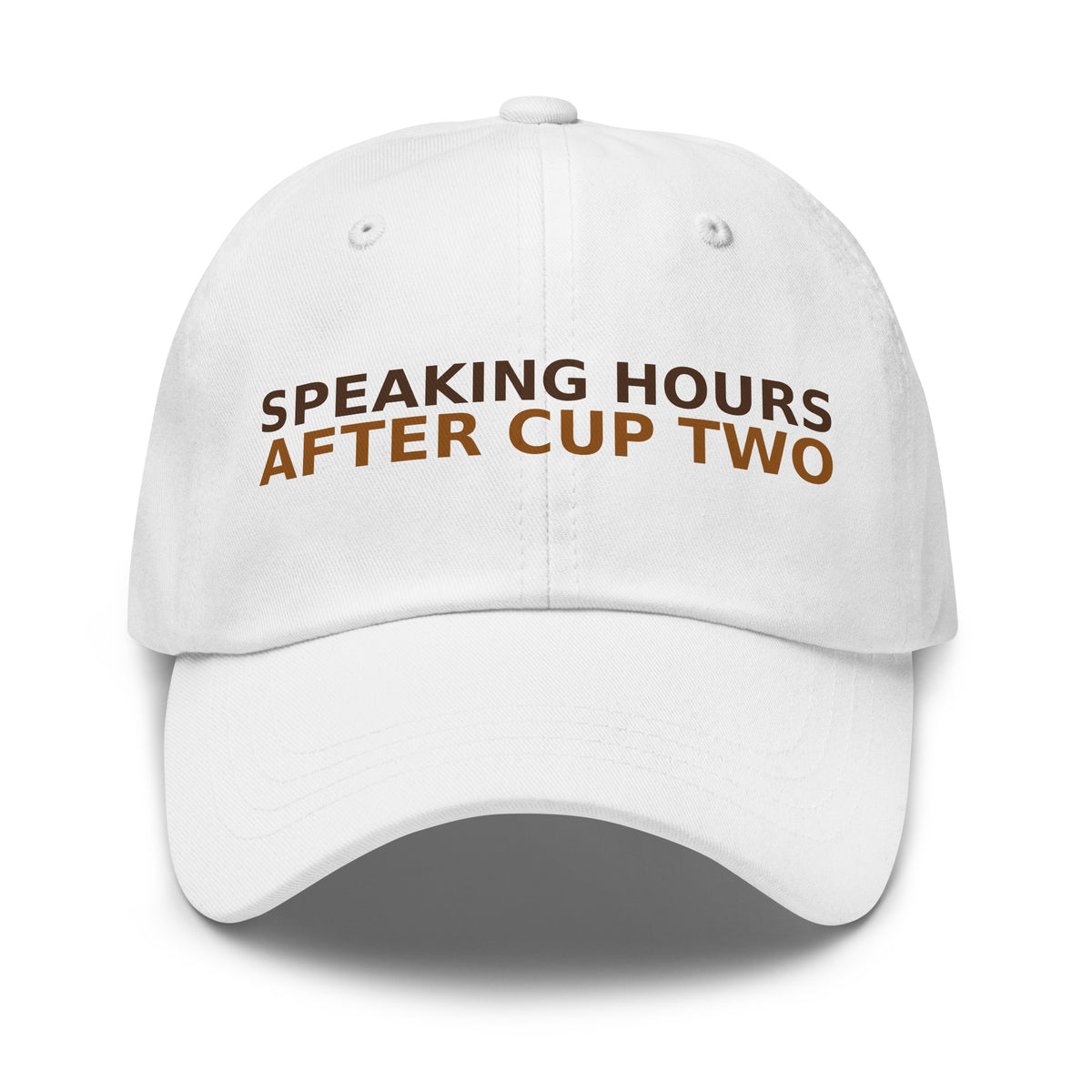 Speaking Hours Begin After Cup Two dad hat in White by Little Laughs Co.