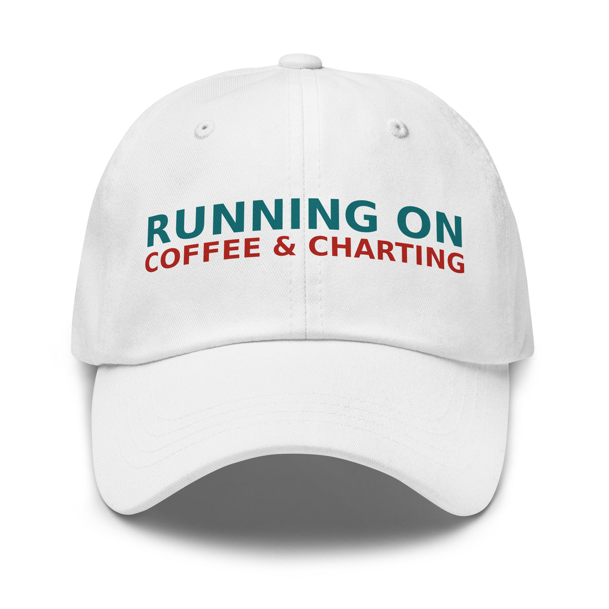 Running On Coffee, Charting & A Full Bladder funny nurse dad hat in White, front view