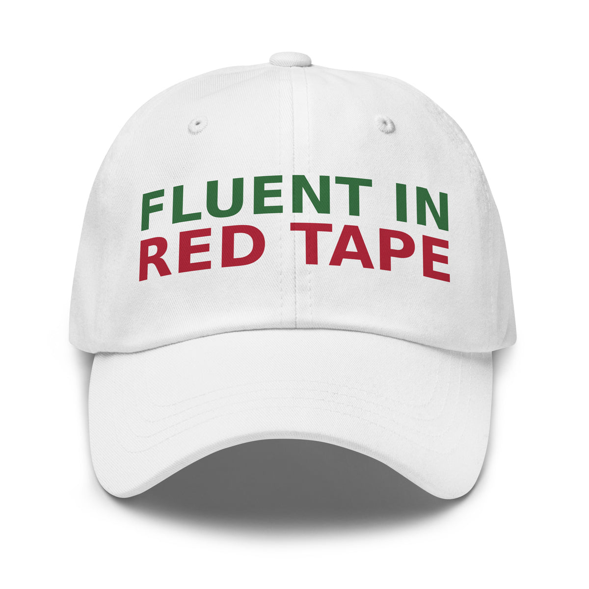 Fluent In Acronyms & Red Tape funny coworker dad hat in White, front view