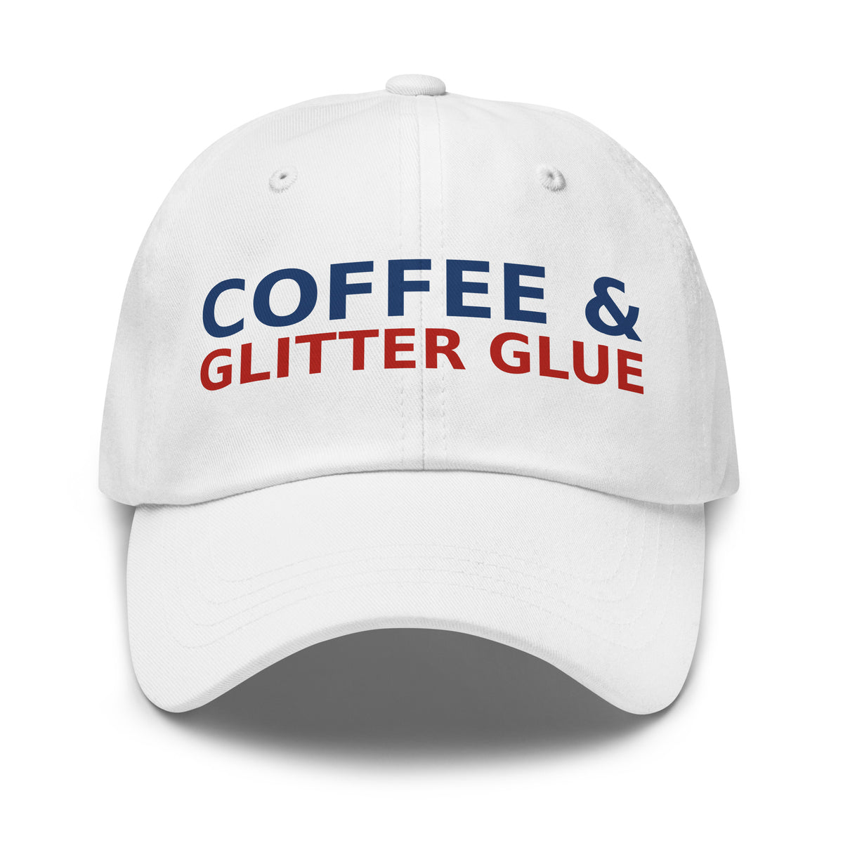 Powered By Coffee & Glitter Glue funny teacher dad hat in White, front view