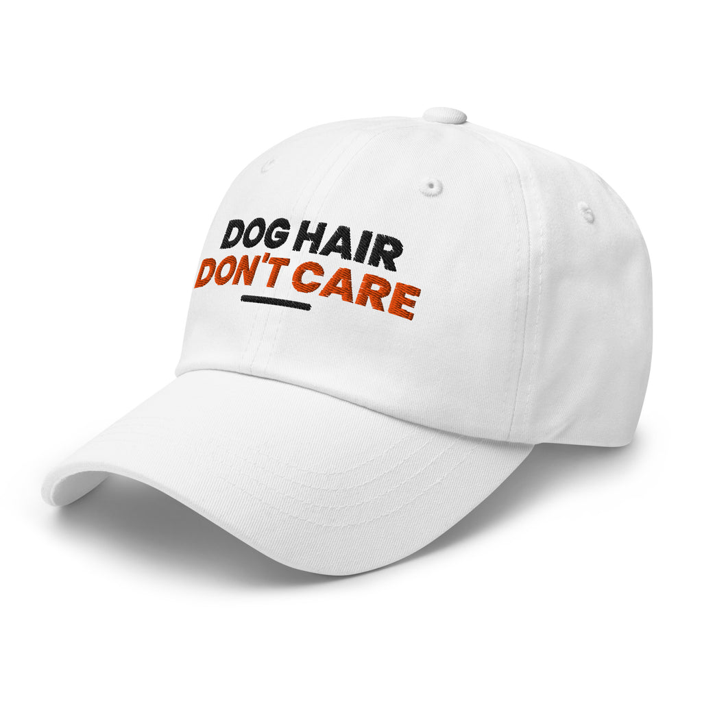 Dog Hair Don't Care dog lover dad hat in White, left front view