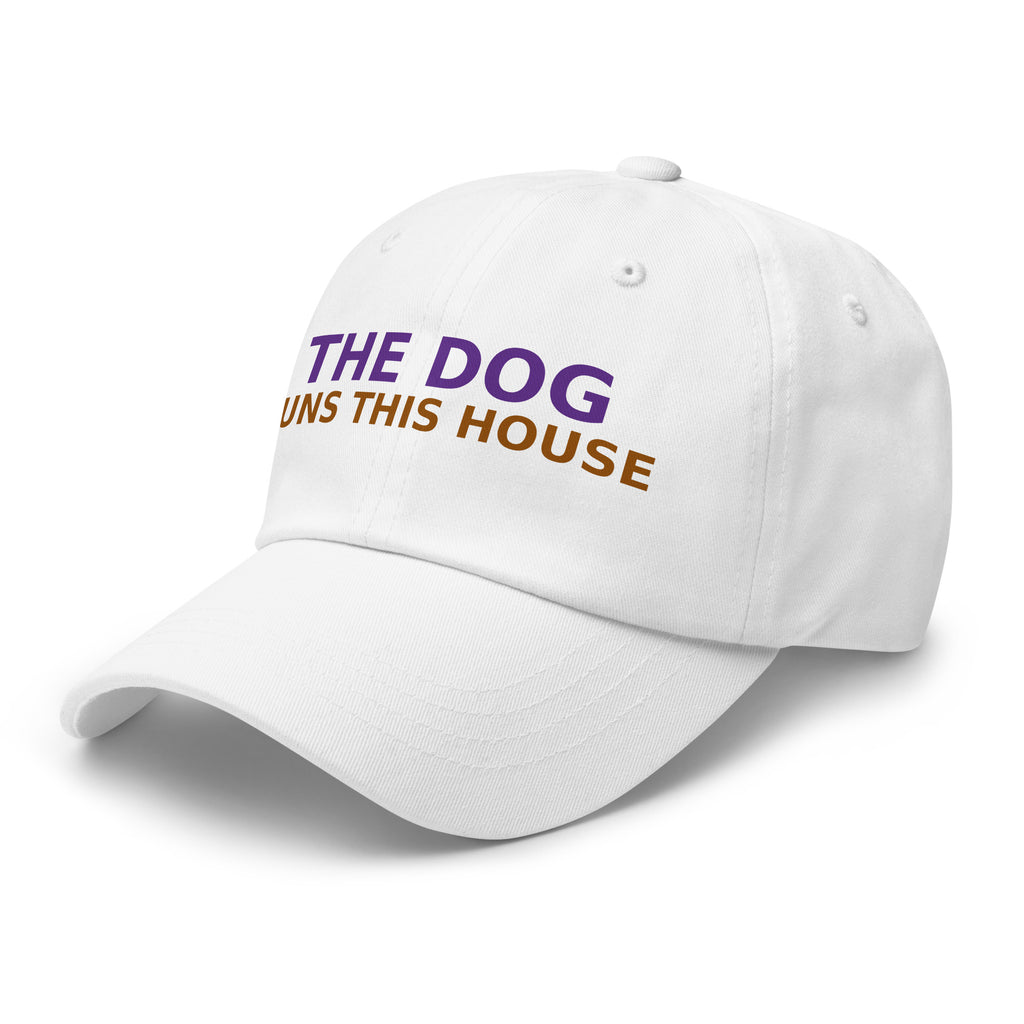 The Dog Runs This House, I Just Pay Rent dog lover dad hat in White, left front view