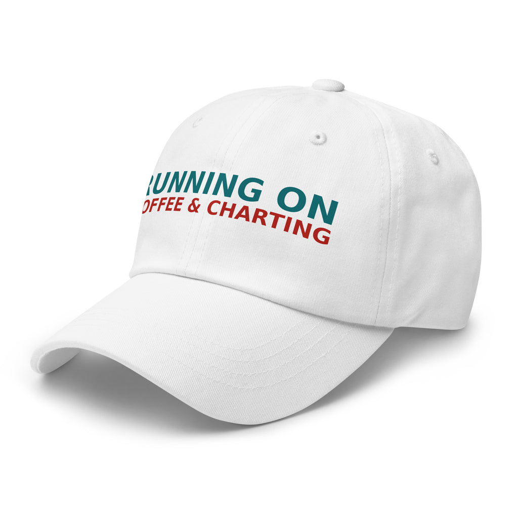 Running On Coffee, Charting & A Full Bladder funny nurse dad hat in White, left front view