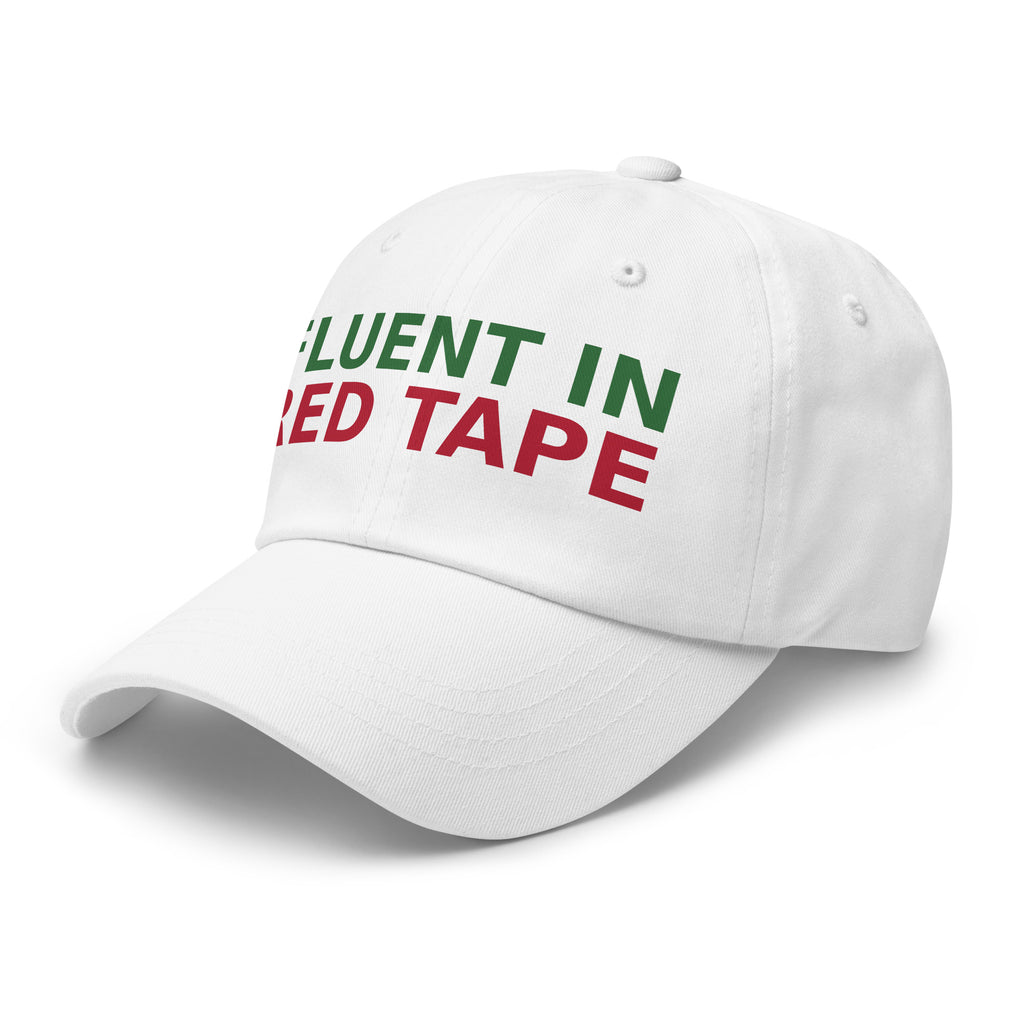 Fluent In Acronyms & Red Tape funny coworker dad hat in White, left front view