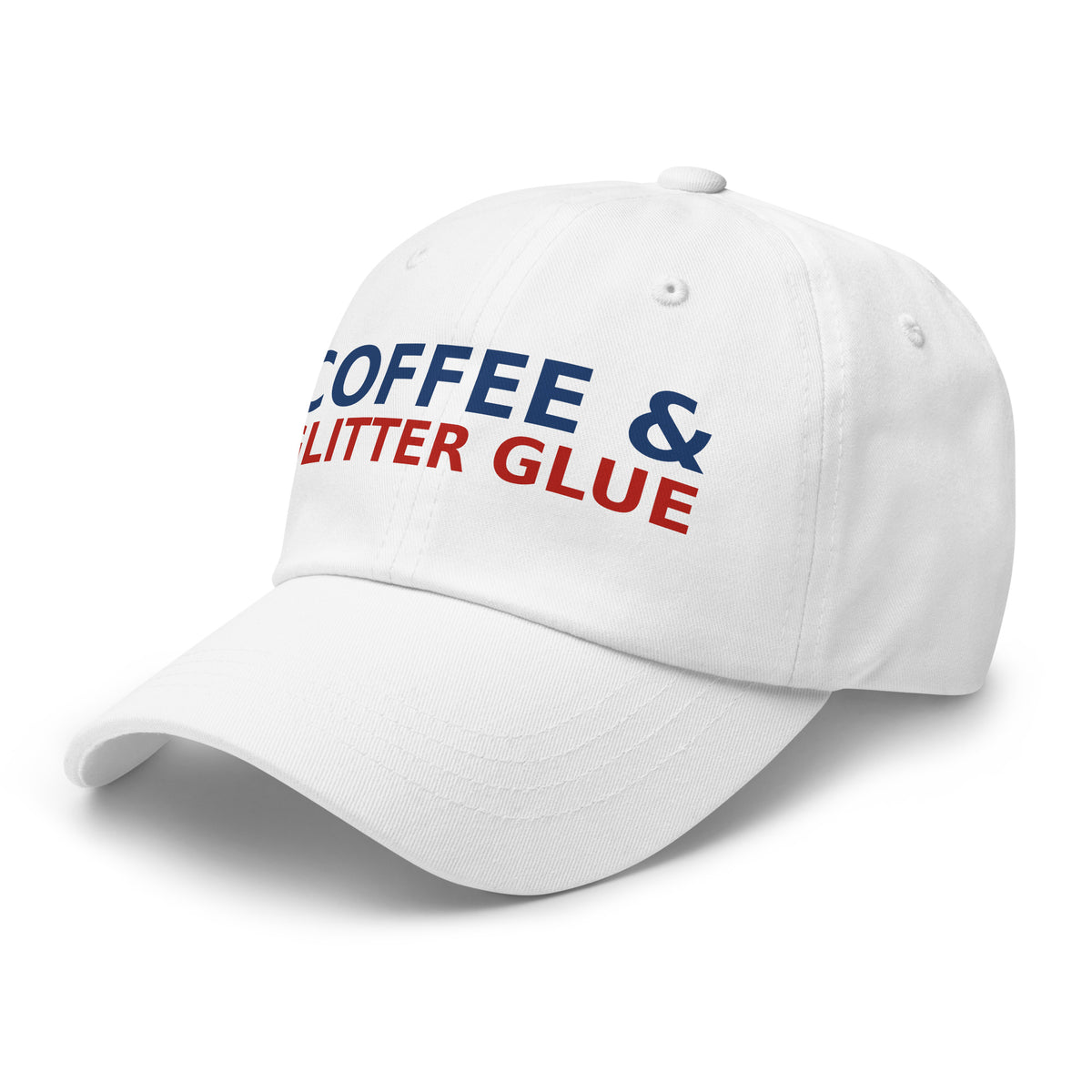 Powered By Coffee & Glitter Glue funny teacher dad hat in White, left front view