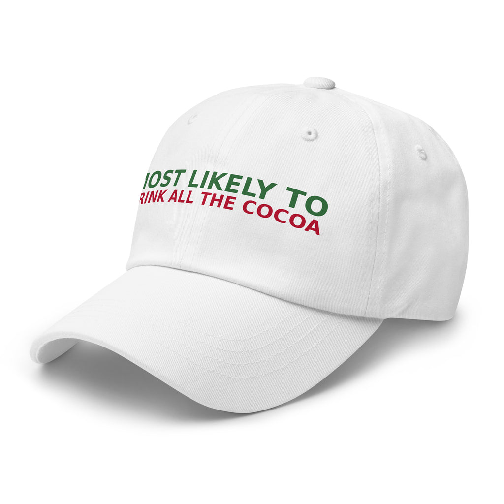 Most Likely To Drink All The Cocoa funny Christmas dad hat in White, left front view