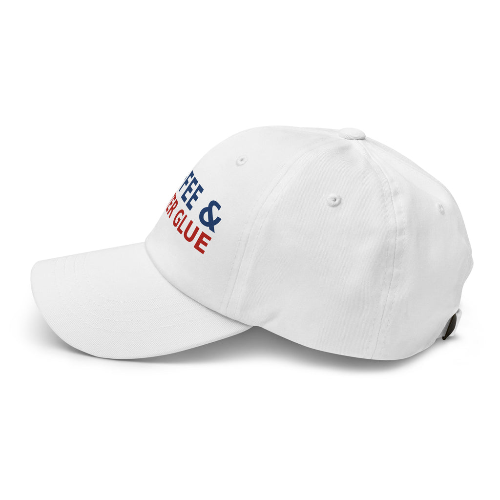 Powered By Coffee & Glitter Glue funny teacher dad hat in White, left side view