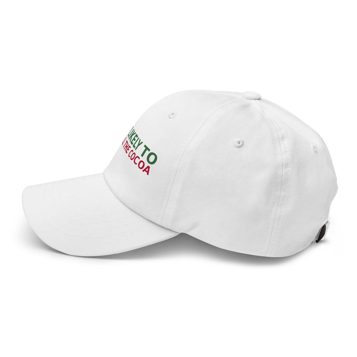 Most Likely To Drink All The Cocoa funny Christmas dad hat in White, left side view