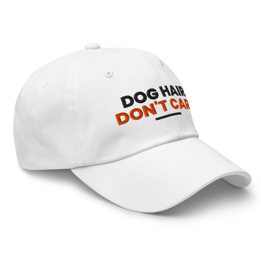 Dog Hair Don't Care dog lover dad hat in White, right front view