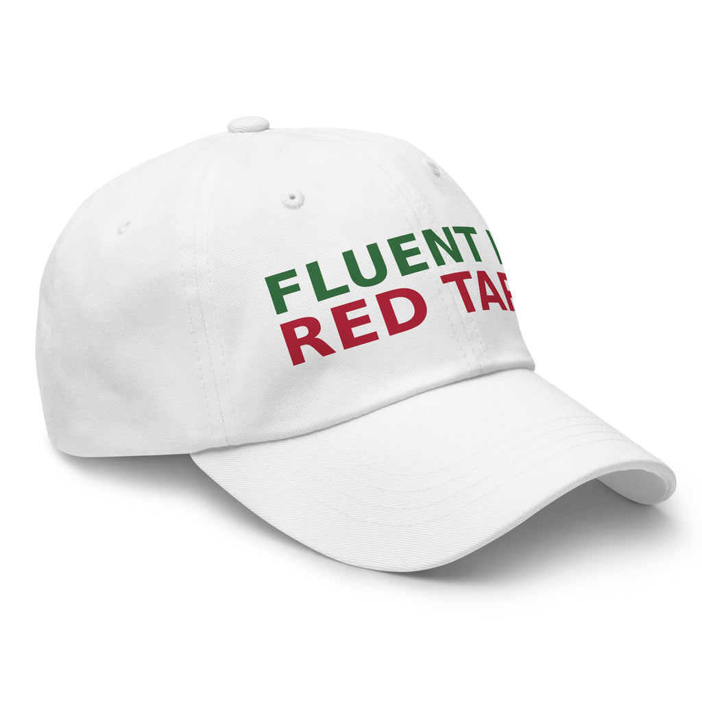 Fluent In Acronyms & Red Tape funny coworker dad hat in White, right front view