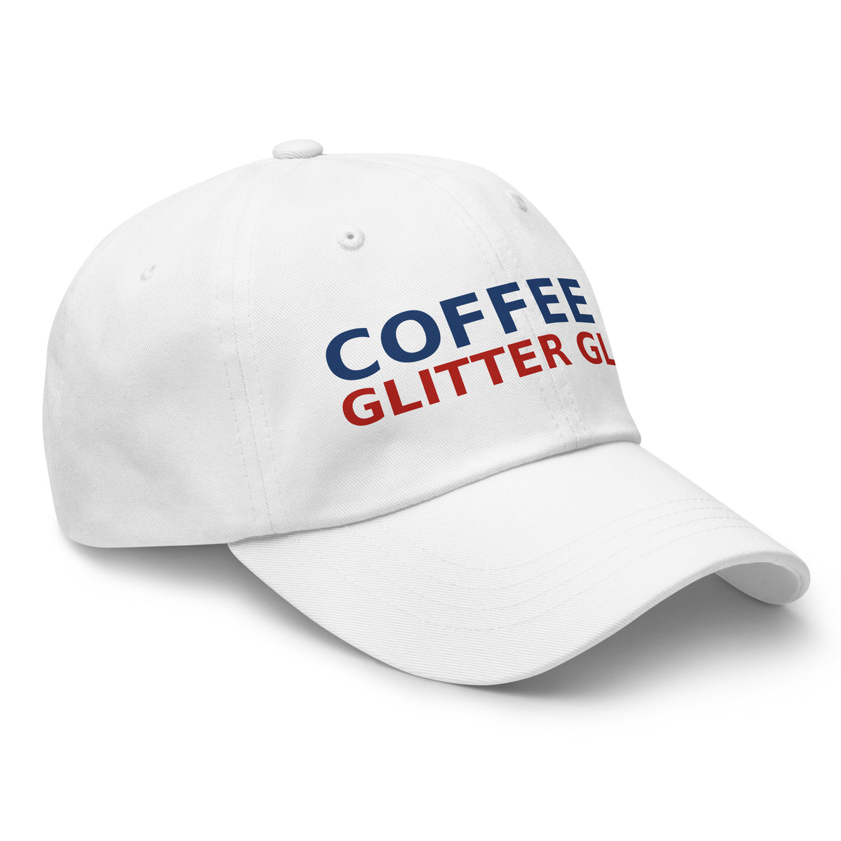 Powered By Coffee & Glitter Glue funny teacher dad hat in White, right front view