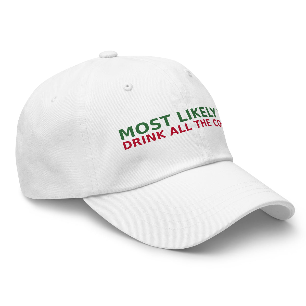 Most Likely To Drink All The Cocoa funny Christmas dad hat in White, right front view