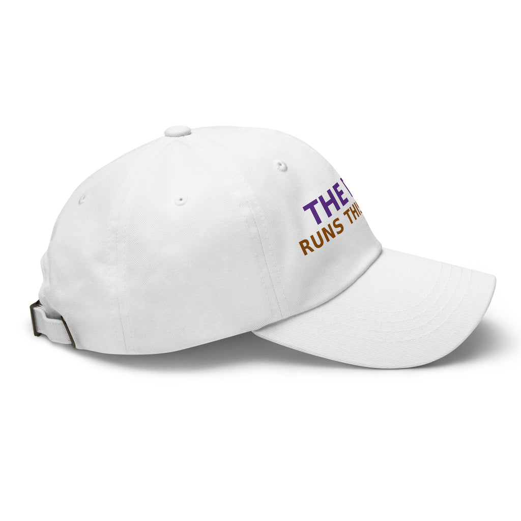 The Dog Runs This House, I Just Pay Rent dog lover dad hat in White, right side view