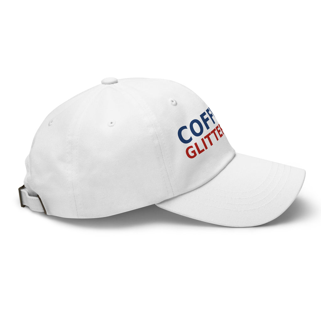 Powered By Coffee & Glitter Glue funny teacher dad hat in White, right side view