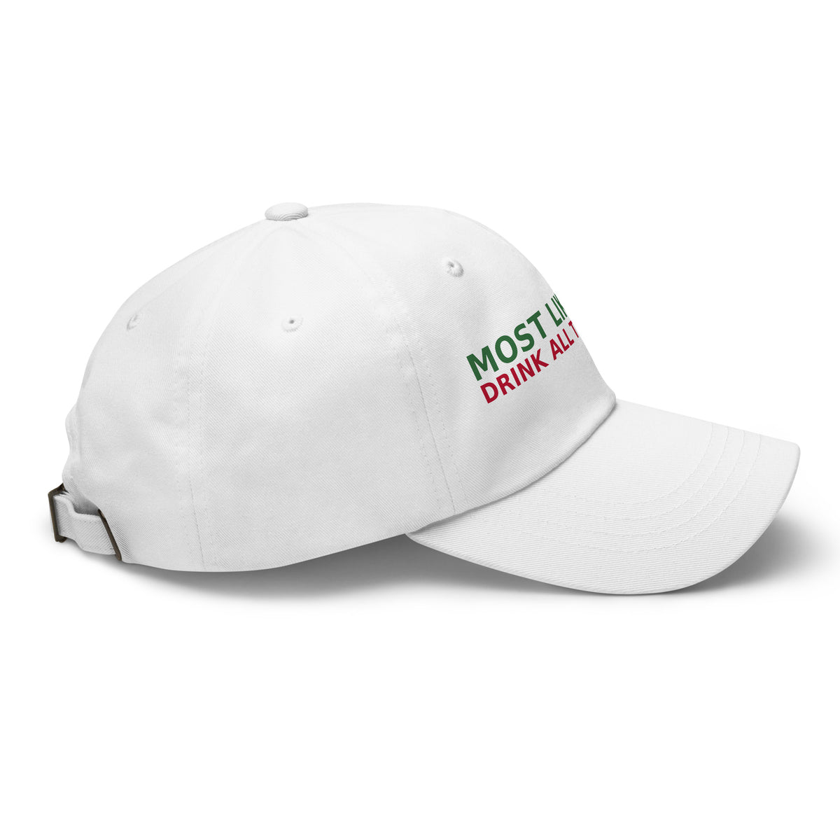 Most Likely To Drink All The Cocoa funny Christmas dad hat in White, right side view