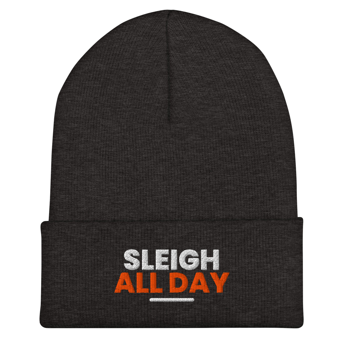 Sleigh All Day funny Christmas beanie in Dark Grey, front view