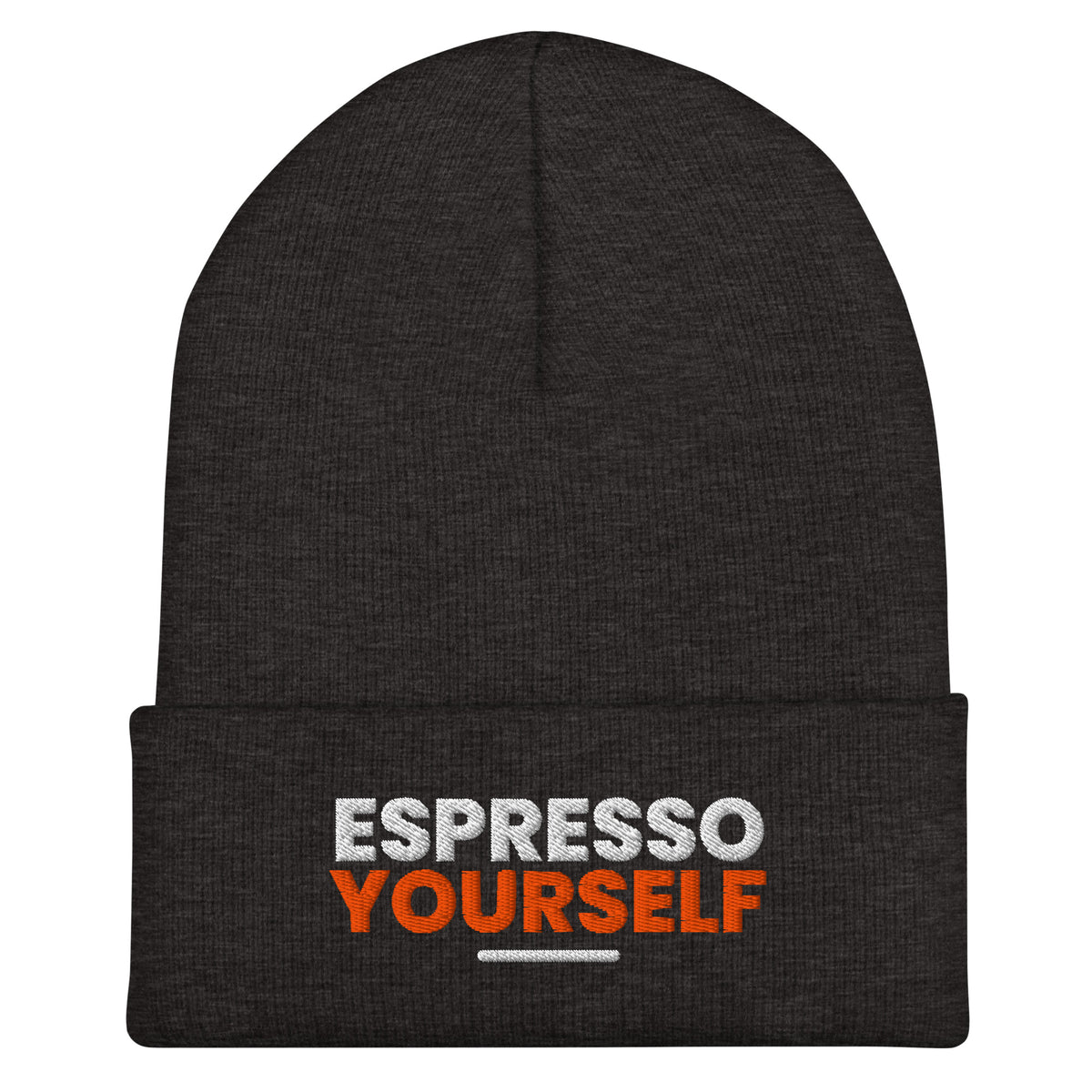 Espresso Yourself coffee lover beanie in Dark Grey, front view