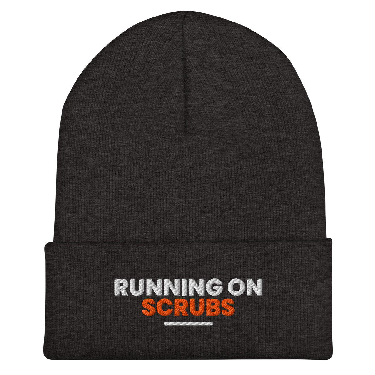Running On Scrubs funny nurse beanie in Dark Grey, front view