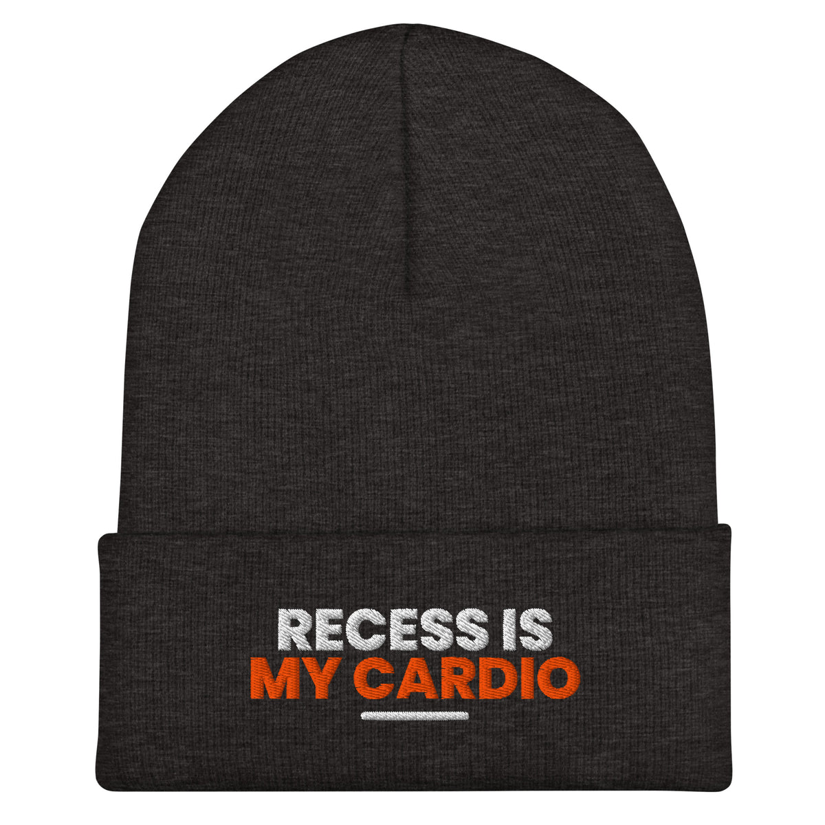Recess Is My Cardio funny teacher beanie in Dark Grey, front view
