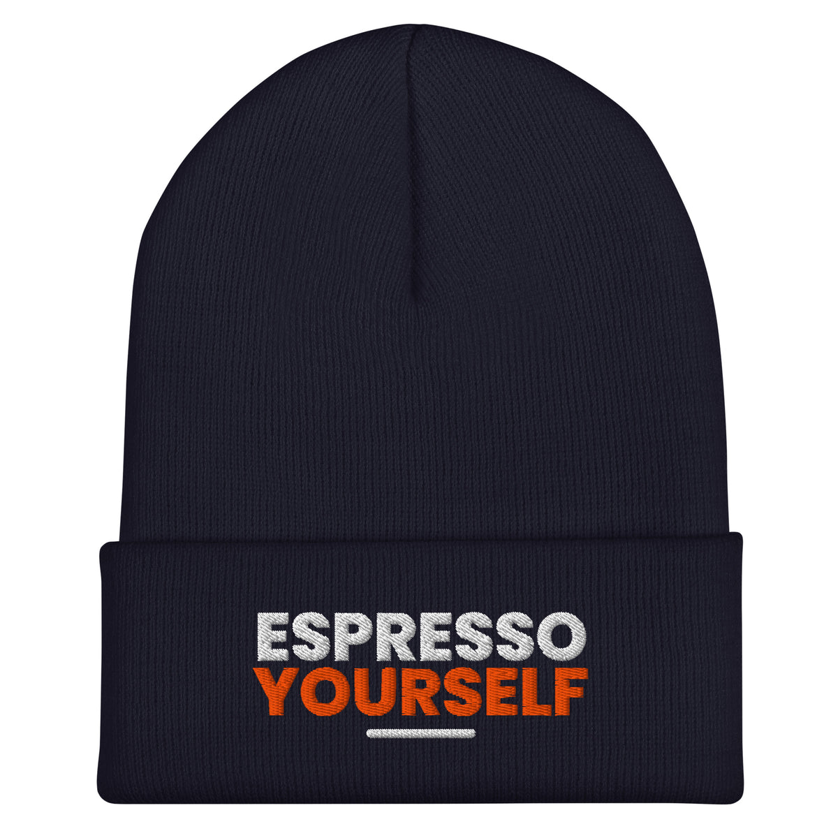 Espresso Yourself coffee lover beanie in Navy, front view