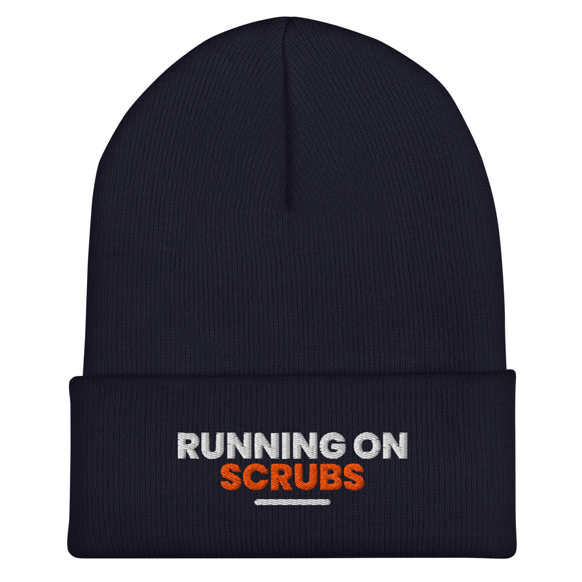 Running On Scrubs funny nurse beanie in Navy, front view