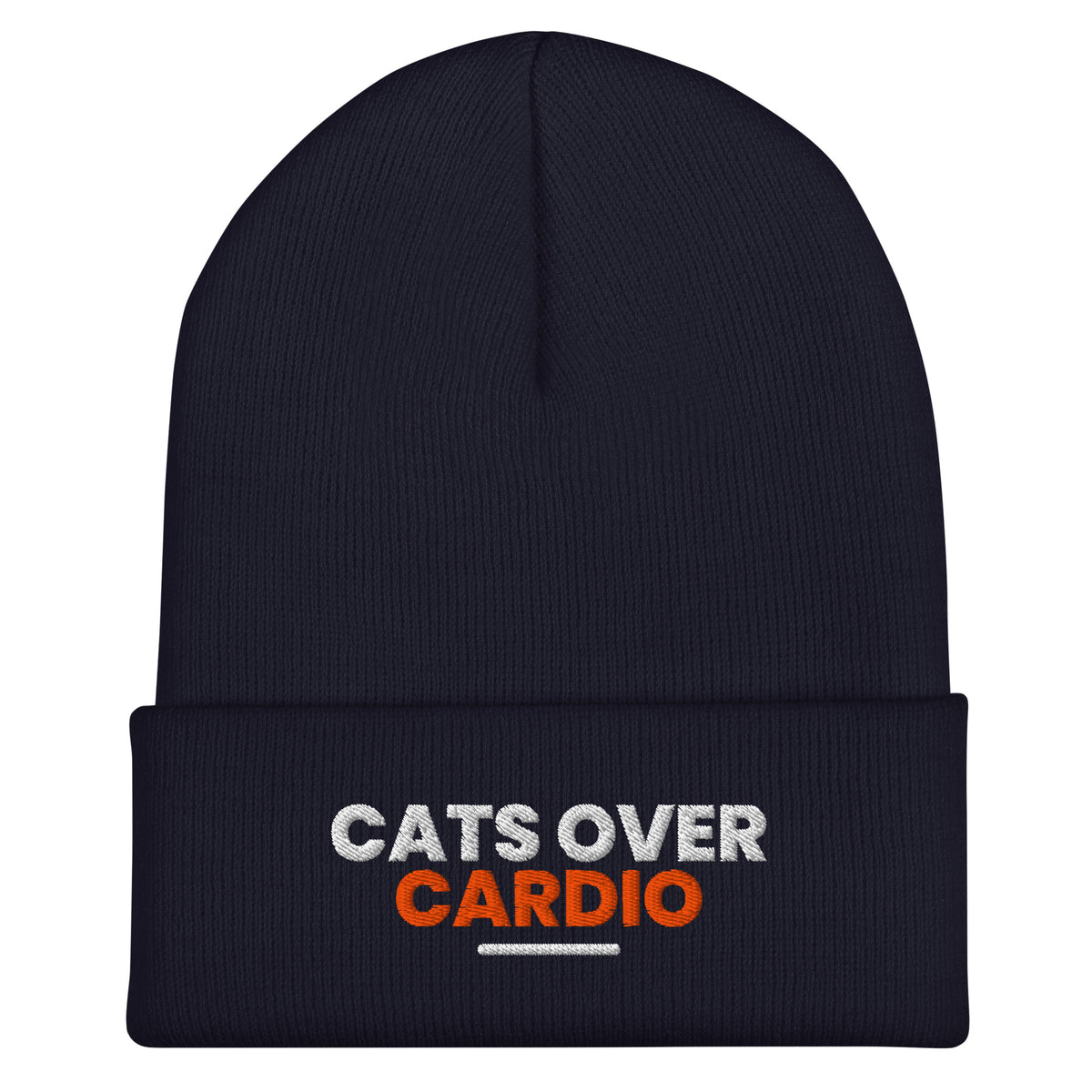 Cats Over Cardio cat lover beanie in Navy, front view