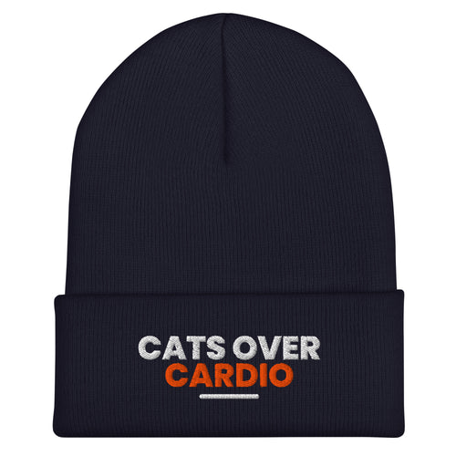 Cats Over Cardio cat lover beanie in Navy, front view