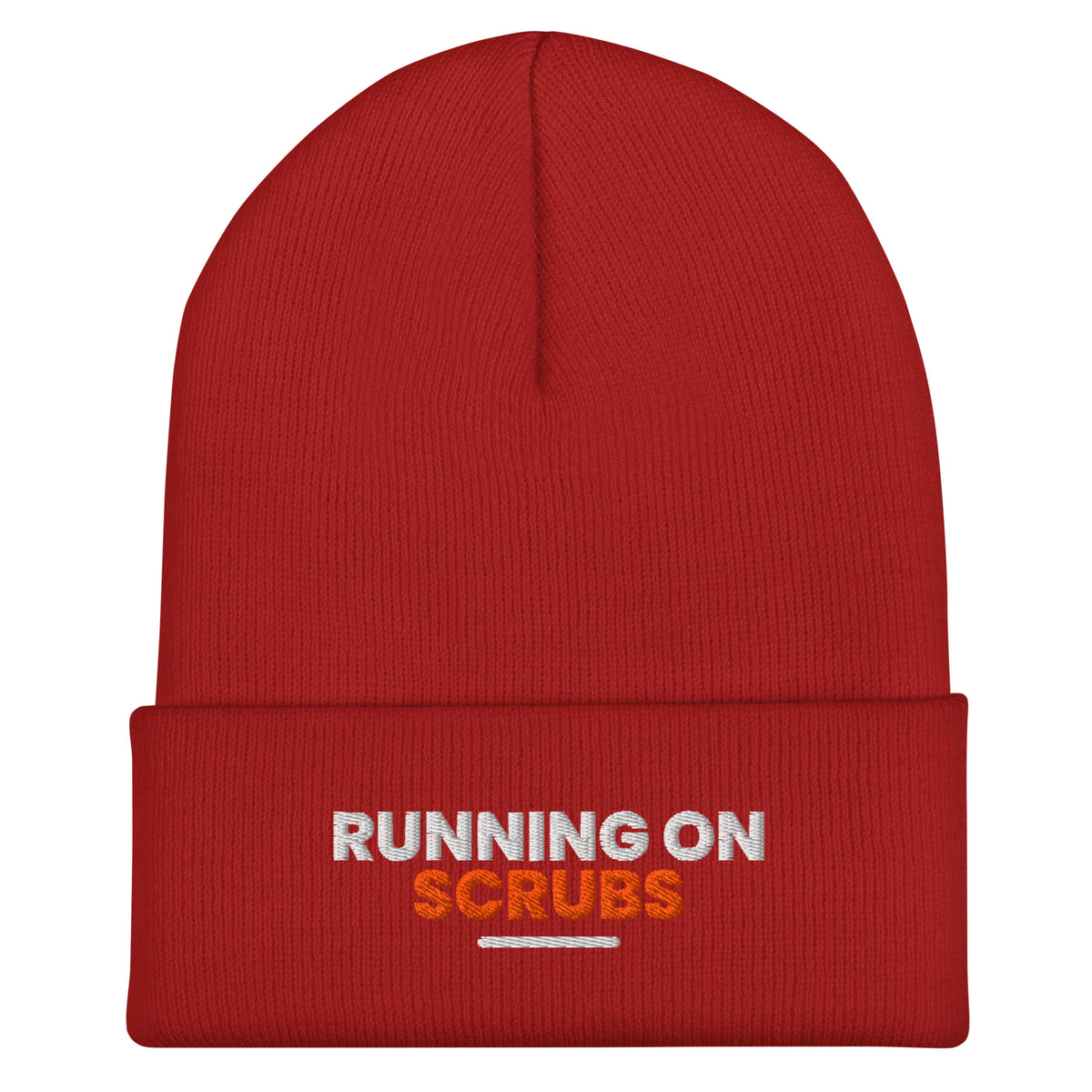Running On Scrubs funny nurse beanie in Red, front view