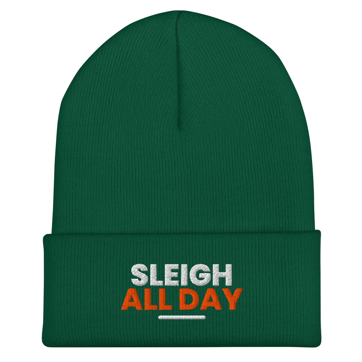 Sleigh All Day funny Christmas beanie in Spruce, front view