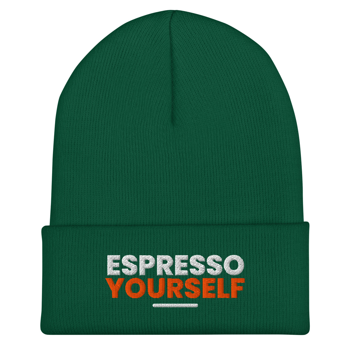 Espresso Yourself coffee lover beanie in Spruce, front view