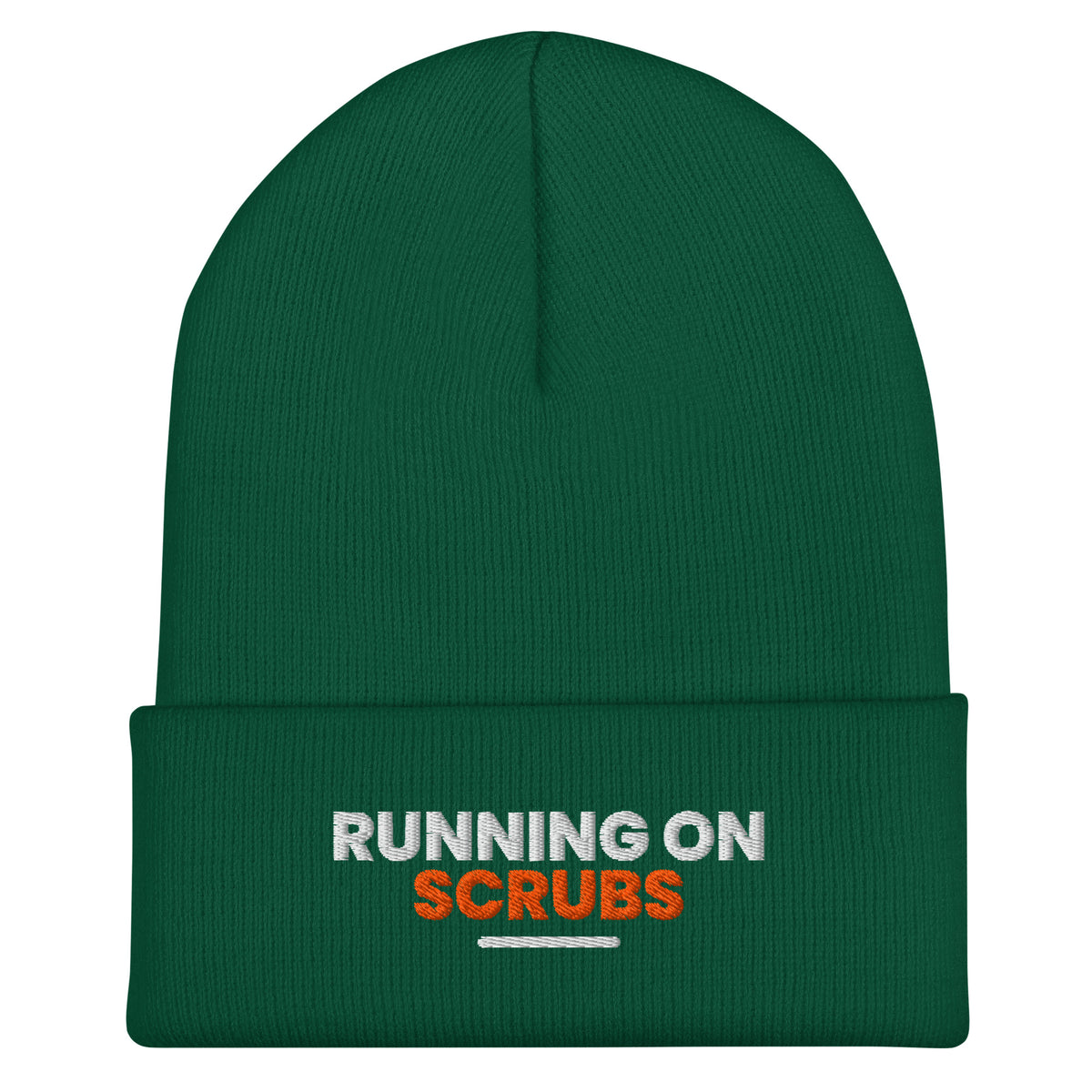 Running On Scrubs funny nurse beanie in Spruce, front view