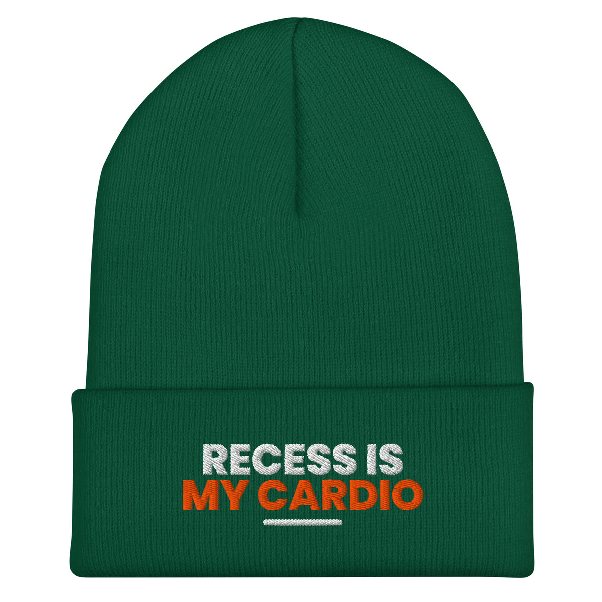 Recess Is My Cardio funny teacher beanie in Spruce, front view