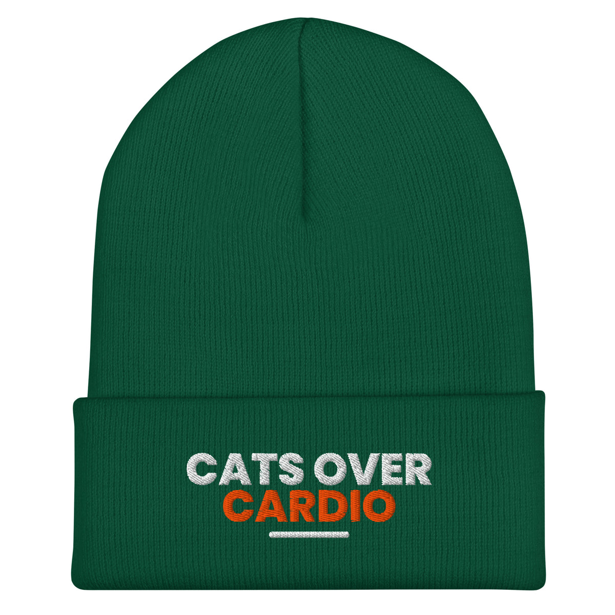 Cats Over Cardio cat lover beanie in Spruce, front view