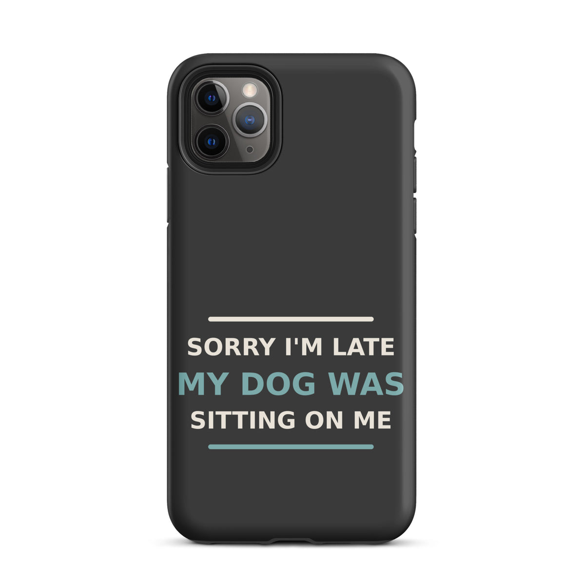 Sorry I'm Late, My Dog Was Sitting On Me dog mom iPhone case in Charcoal, front view