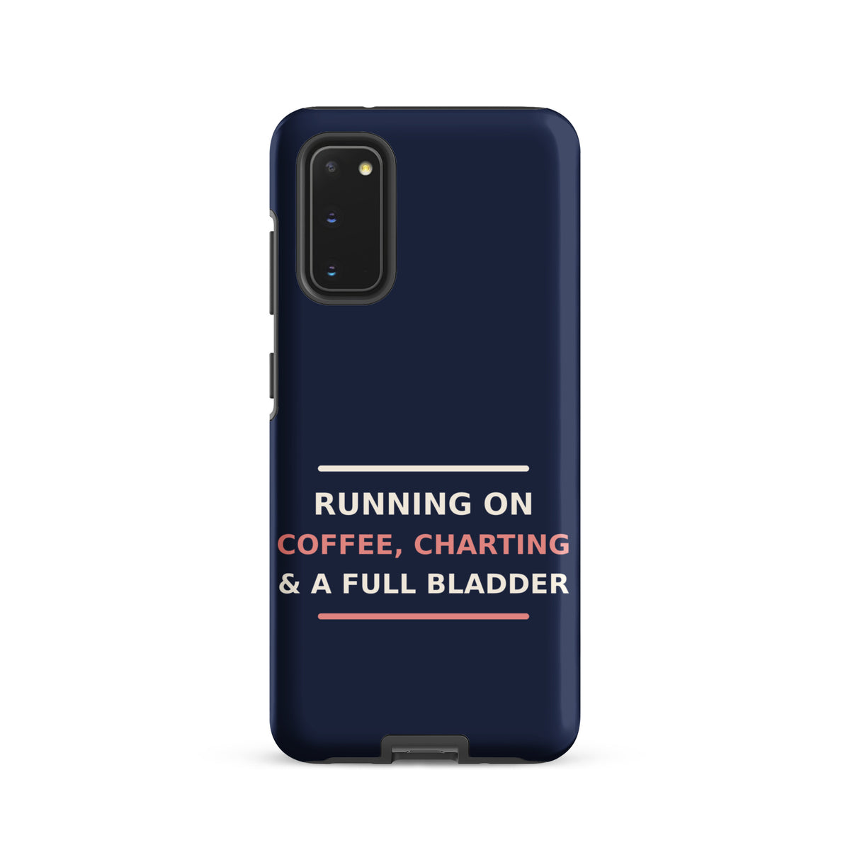 Running On Coffee, Charting & A Full Bladder phone case in Navy by Little Laughs Co.