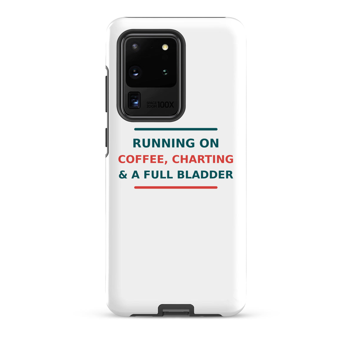 Running On Coffee, Charting & A Full Bladder funny nurse Samsung case, front view