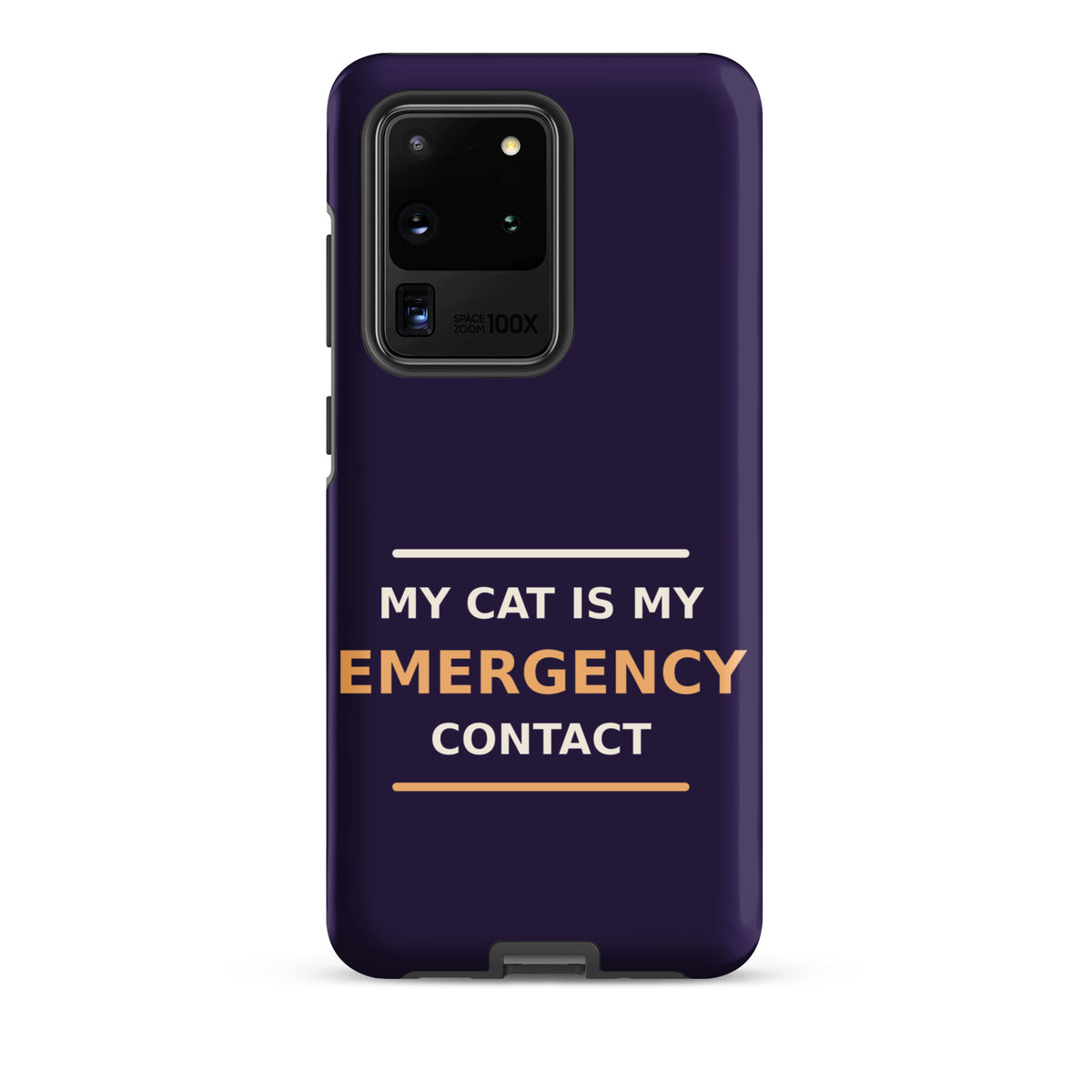 My Cat Is My Emergency Contact cat lover Samsung case in Midnight Purple, front view