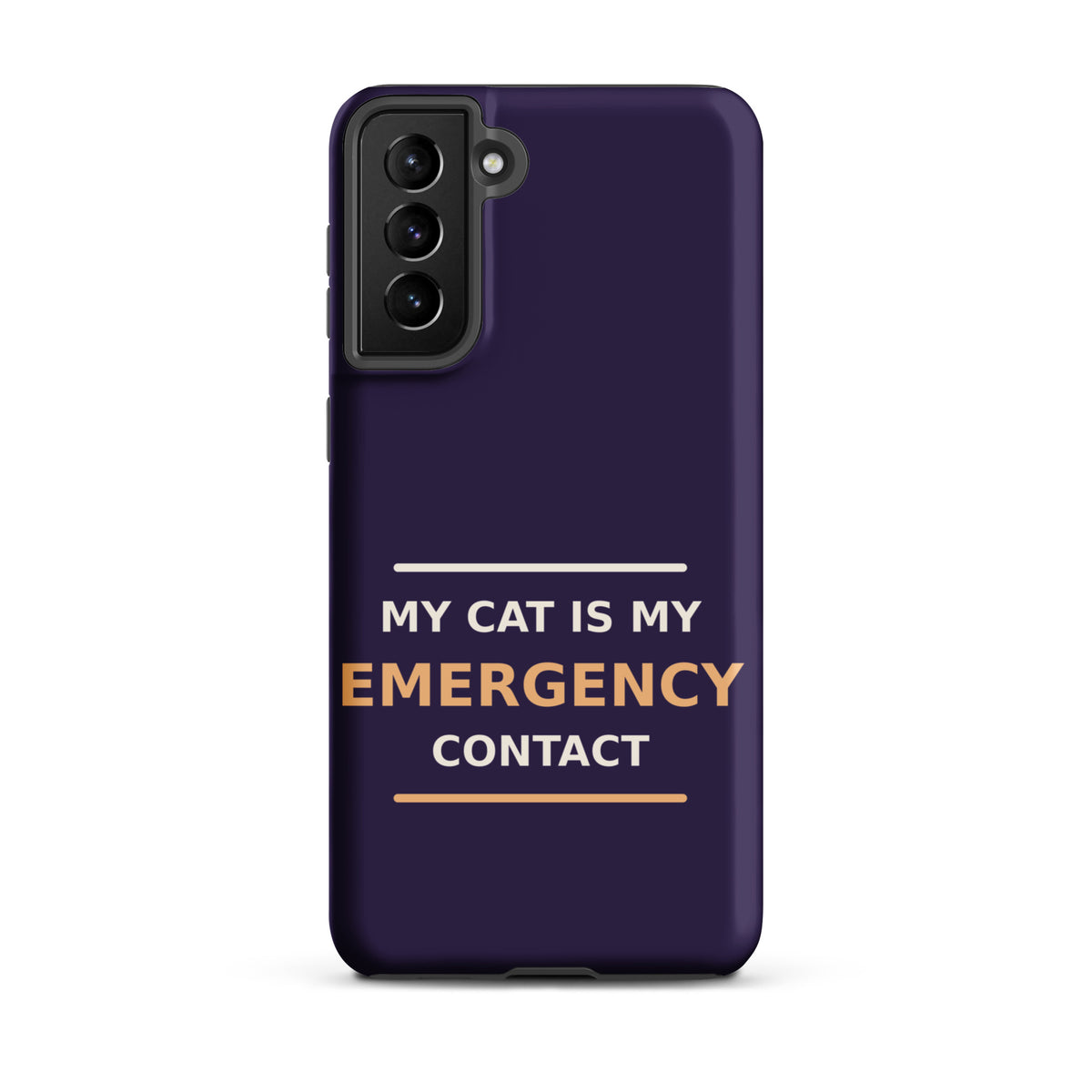 My Cat Is My Emergency Contact cat lover Samsung case in Midnight Purple, front view