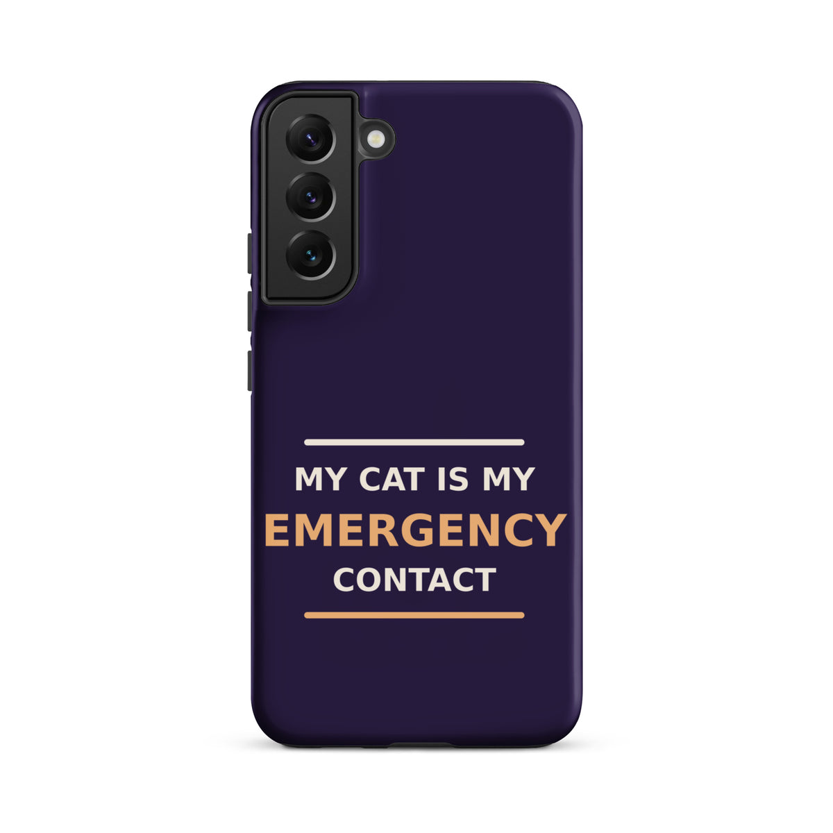 My Cat Is My Emergency Contact cat lover Samsung case in Midnight Purple, front view