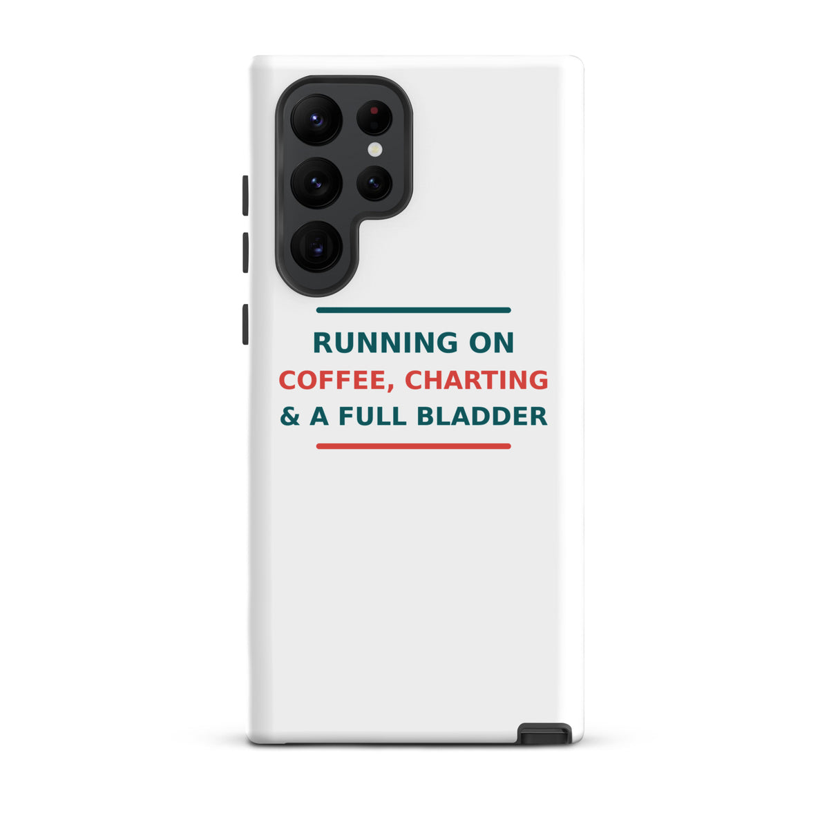 Running On Coffee, Charting & A Full Bladder funny nurse Samsung case, front view