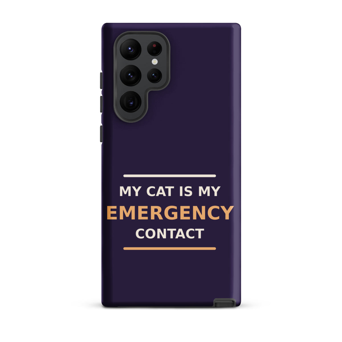 My Cat Is My Emergency Contact cat lover Samsung case in Midnight Purple, front view