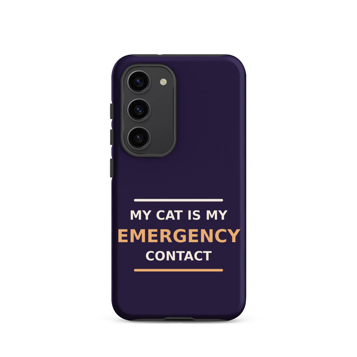 My Cat Is My Emergency Contact cat lover Samsung case in Midnight Purple, front view