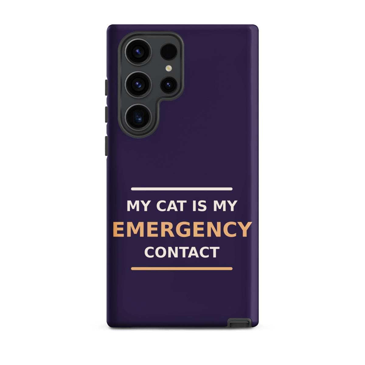 My Cat Is My Emergency Contact cat lover Samsung case in Midnight Purple, front view