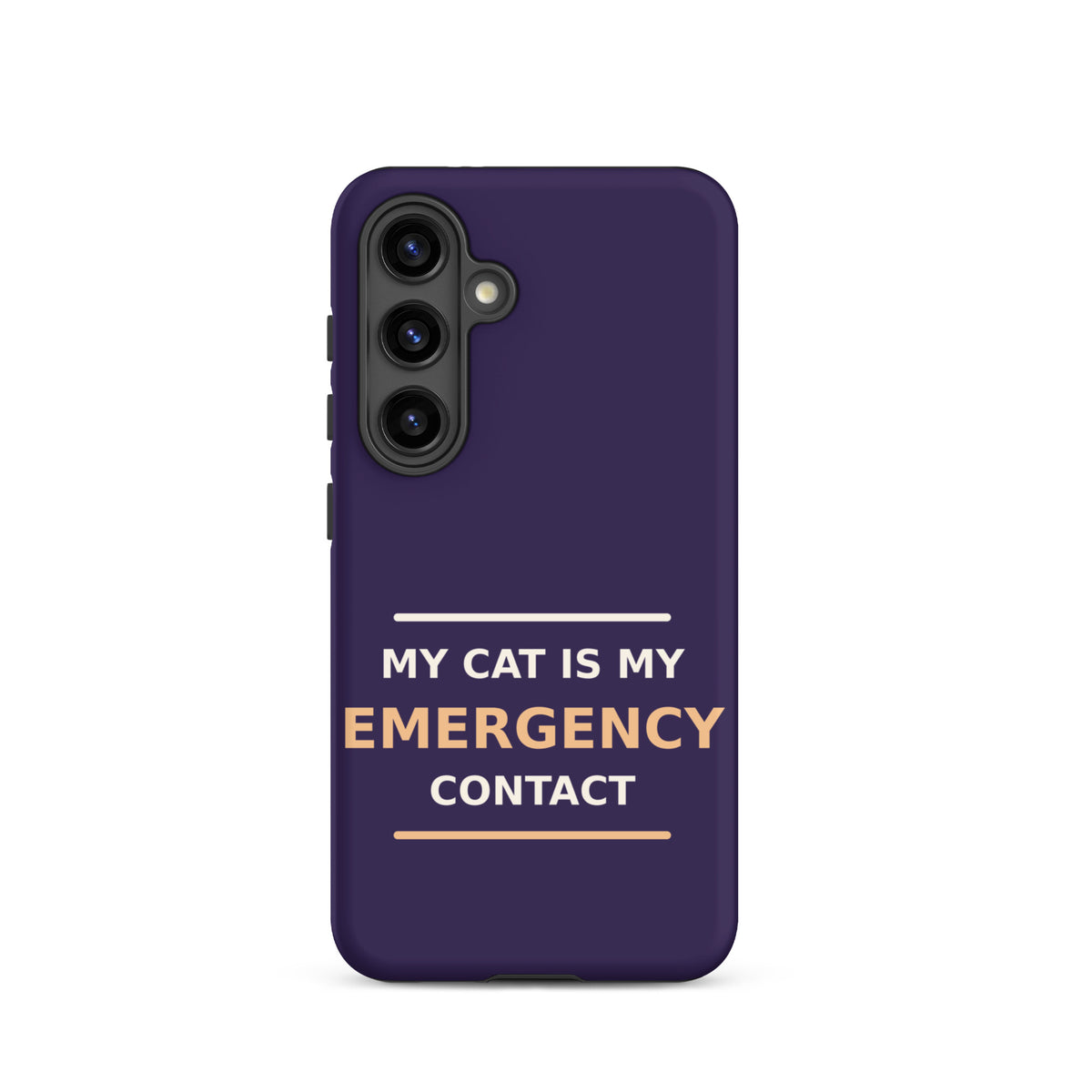 My Cat Is My Emergency Contact cat lover Samsung case in Midnight Purple, front view