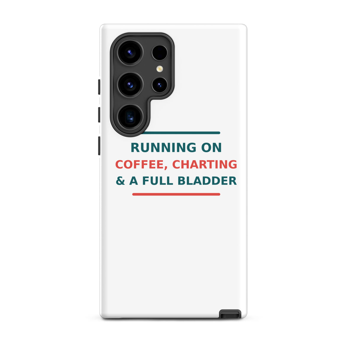 Running On Coffee, Charting & A Full Bladder funny nurse Samsung case, front view