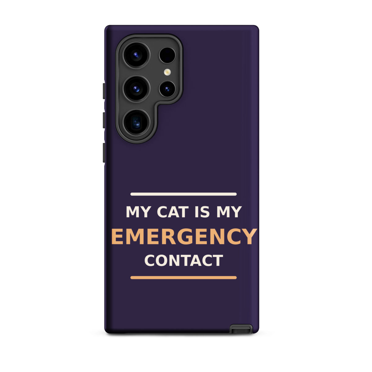My Cat Is My Emergency Contact cat lover Samsung case in Midnight Purple, front view