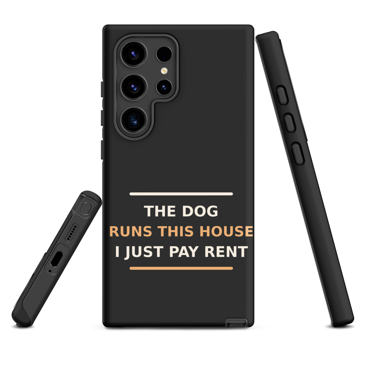 The Dog Runs This House, I Just Pay Rent dog lover Samsung case in Charcoal, front view