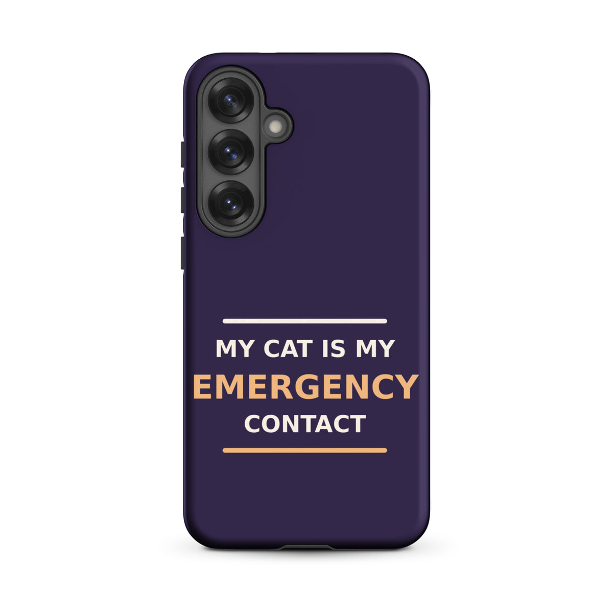 My Cat Is My Emergency Contact cat lover Samsung case in Midnight Purple, front view