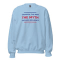 Grandpa: The Man, The Myth, The Bad Influence funny grandpa crewneck sweatshirt in Light Blue, front view