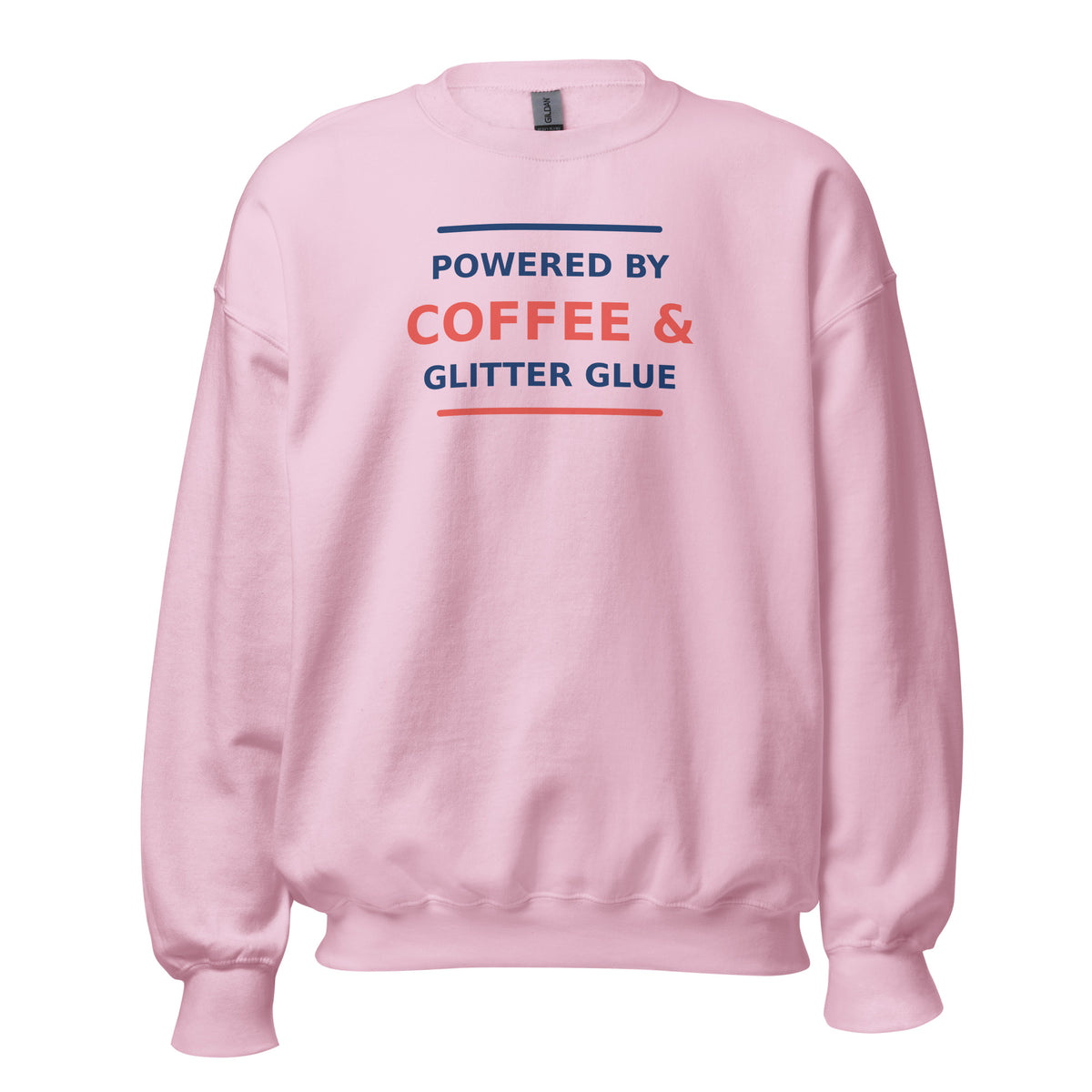 Powered By Coffee & Glitter Glue funny teacher crewneck sweatshirt in Light Pink, front view